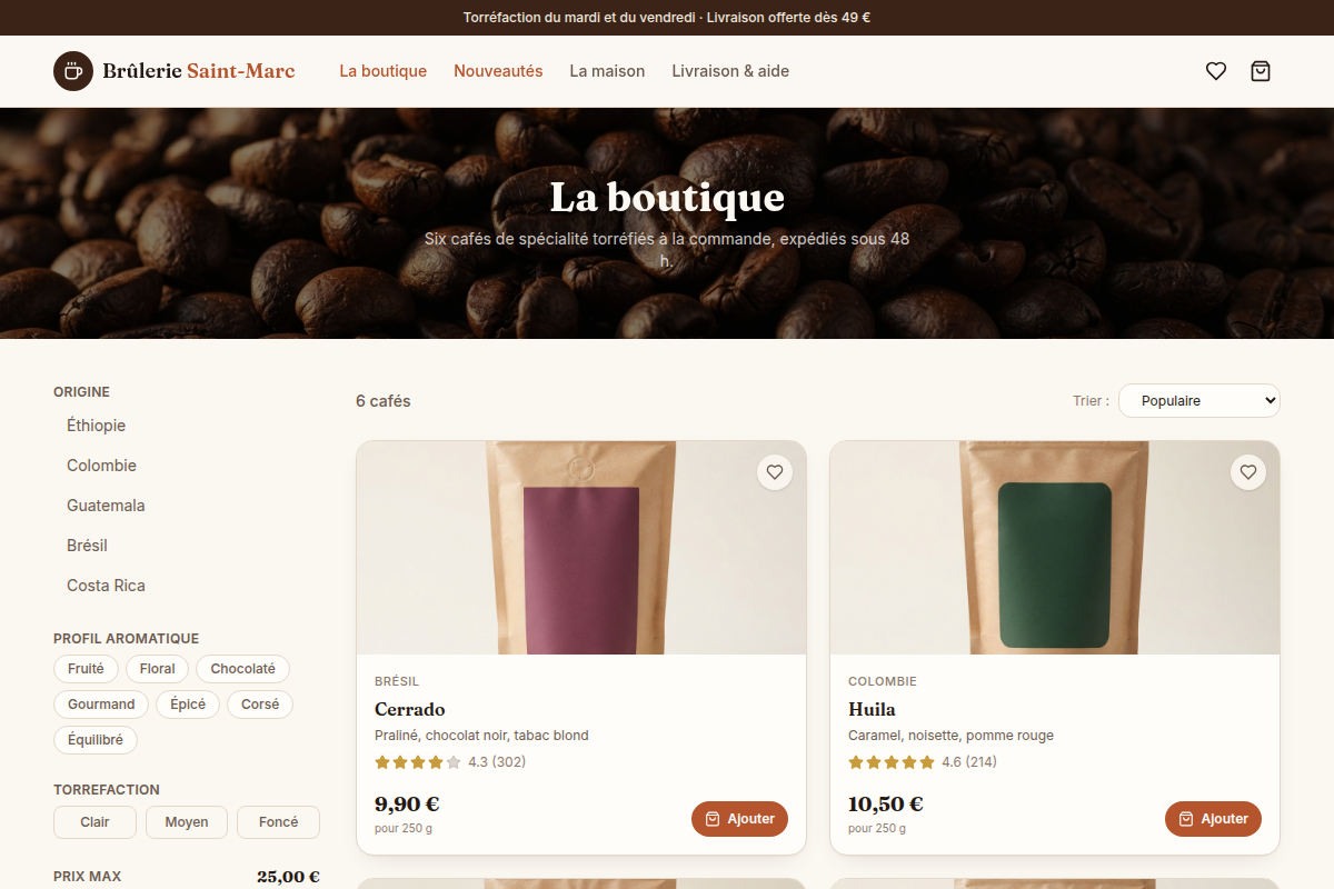 Catalogue avec filtres origine, torréfaction, tri