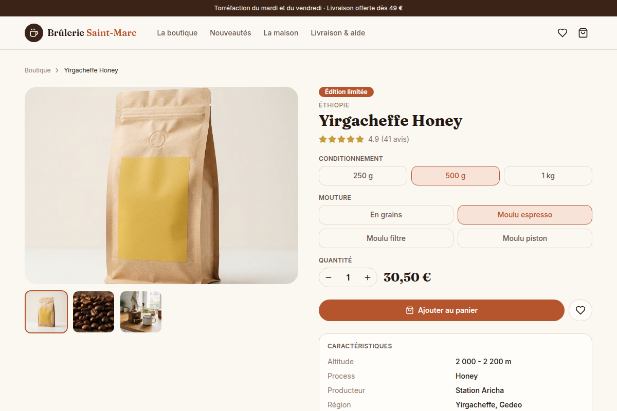 Variante 500g espresso, prix recalculé en direct