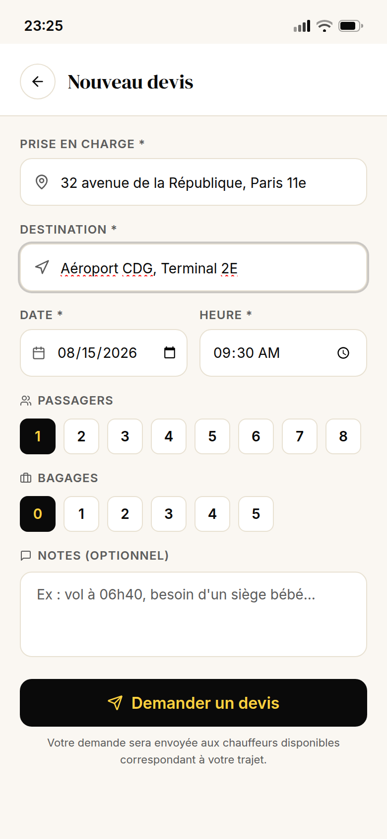 Nouvelle demande de devis renseignée