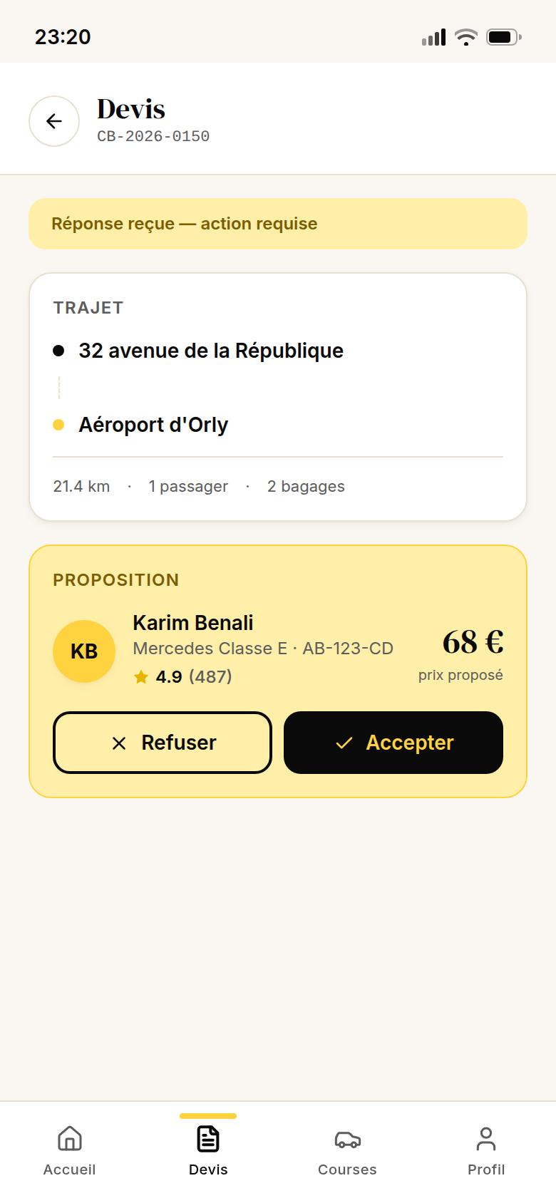 Devis proposé à 68 € à valider