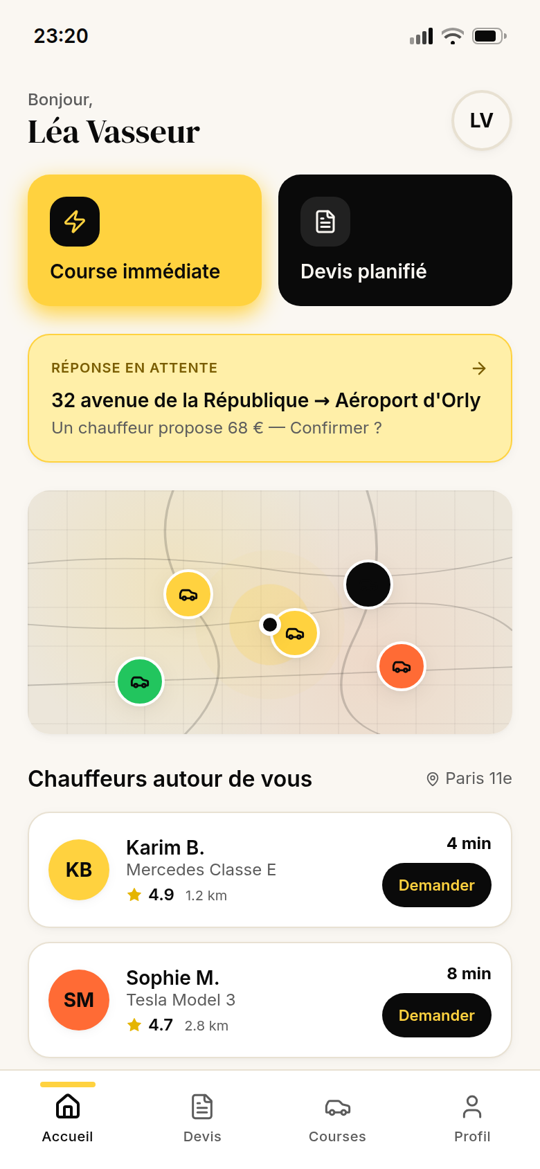 Accueil passager, chauffeurs proches et courses
