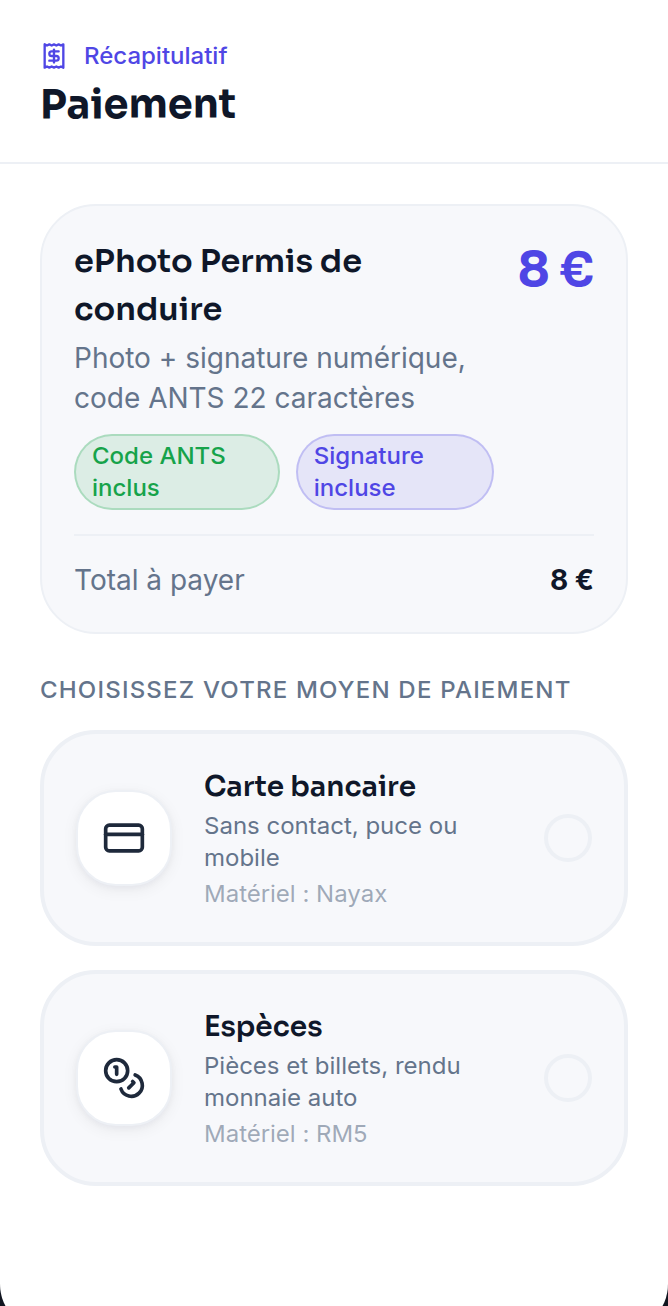 Paiement CB ou espèces