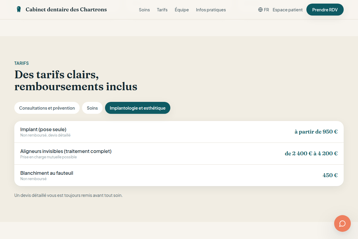 Tarifs clairs par catégorie, remboursements inclus