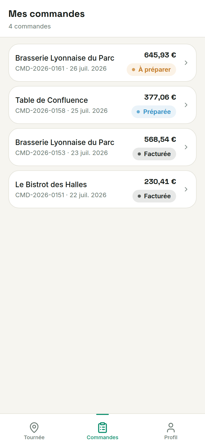 Historique des commandes passées