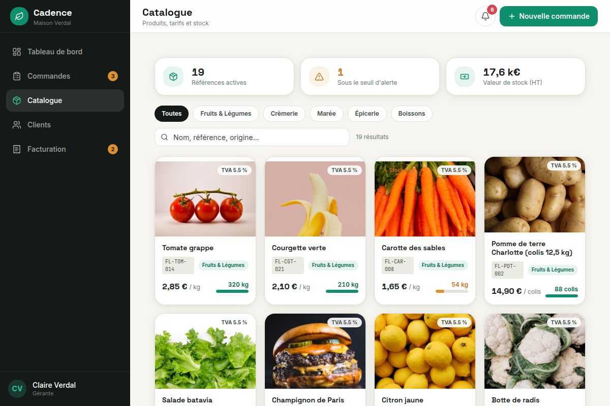 Catalogue avec tarifs et unités de vente