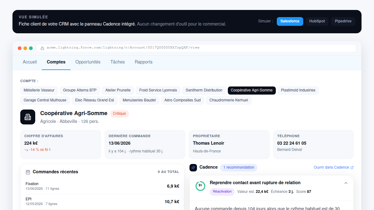 La recommandation apparaît dans le CRM, sans changer d'outil