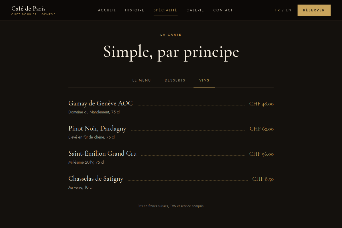 La carte, onglets menu/desserts/vins