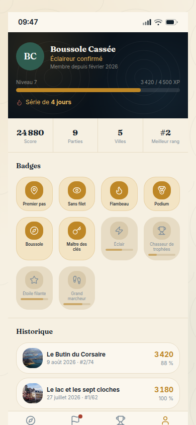 Profil, badges et historique des parties