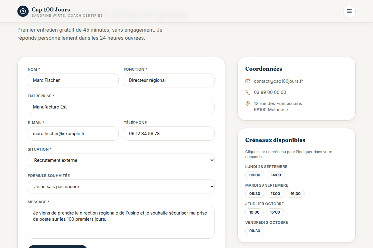 Formulaire de contact et créneaux disponibles