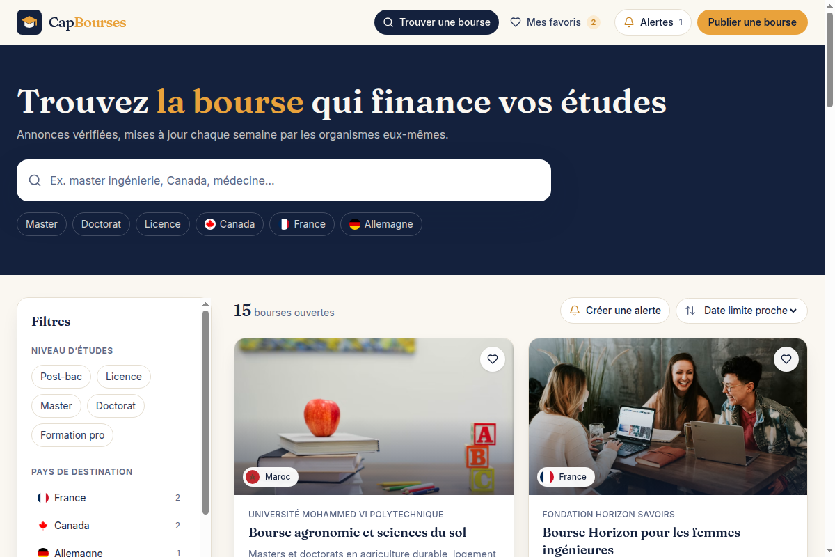 Catalogue filtrable par pays, niveau et domaine