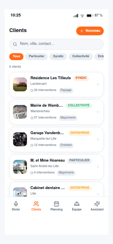 Fiches clients avec type et coordonnées
