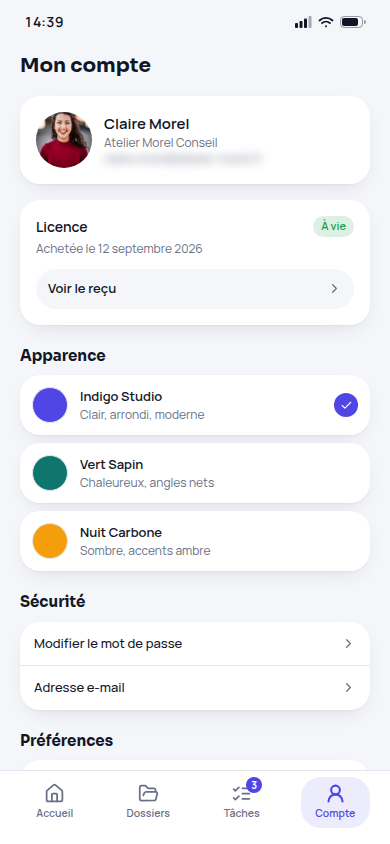Compte : licence à vie et 3 thèmes visuels