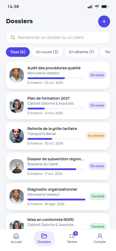 Liste des dossiers avec recherche et filtres