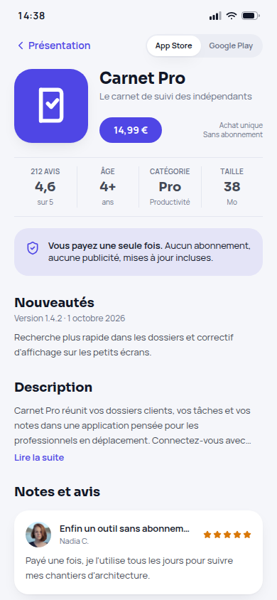 Fiche App Store, achat unique 14,99 €