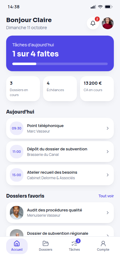 Accueil : tâches du jour, stats et agenda