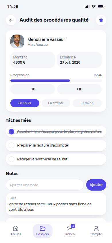 Détail dossier : progression, tâches et notes