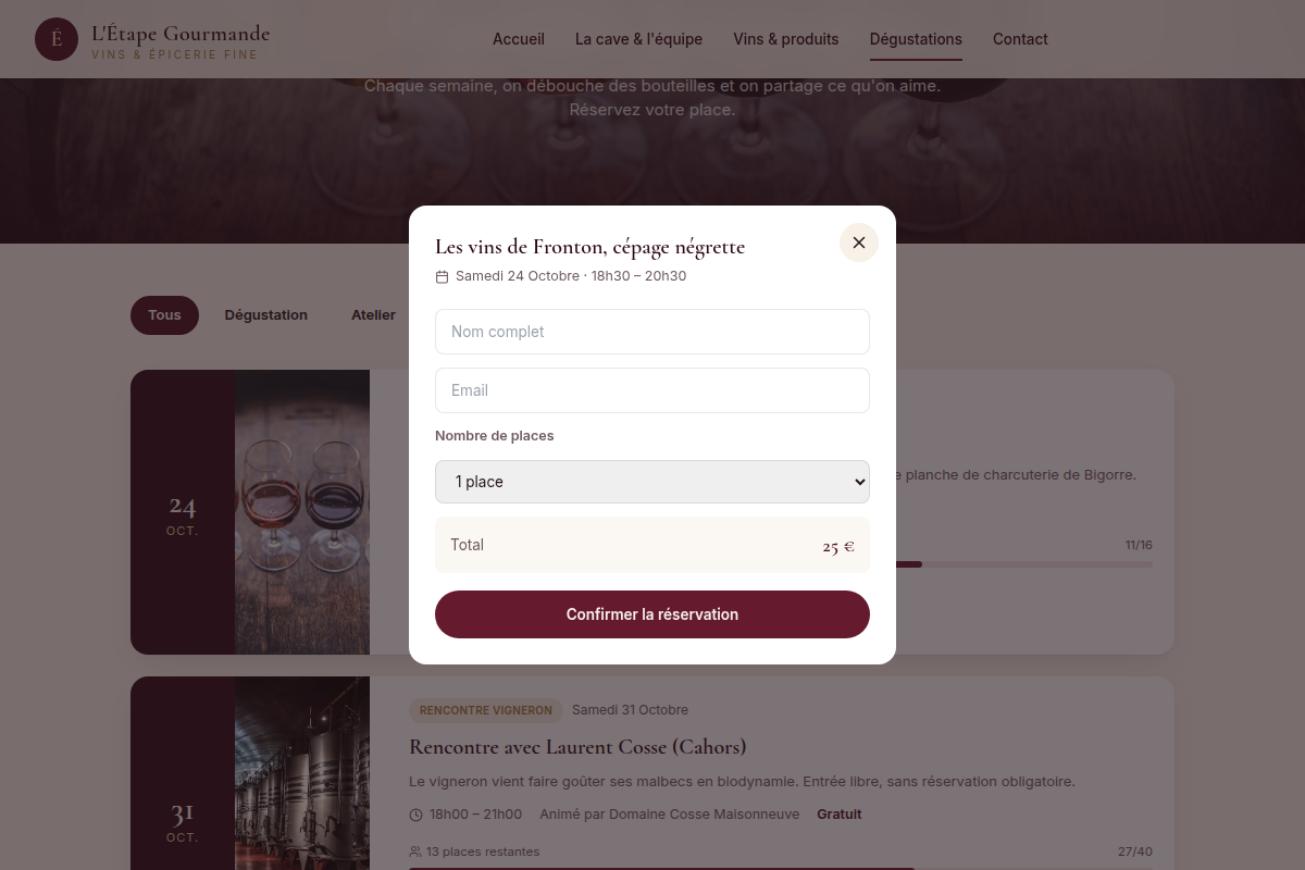 Réservation d'une dégustation en ligne