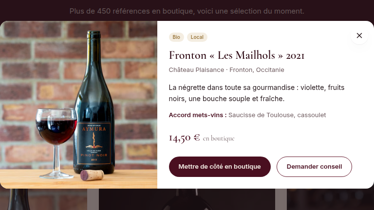 Fiche produit détaillée en modale