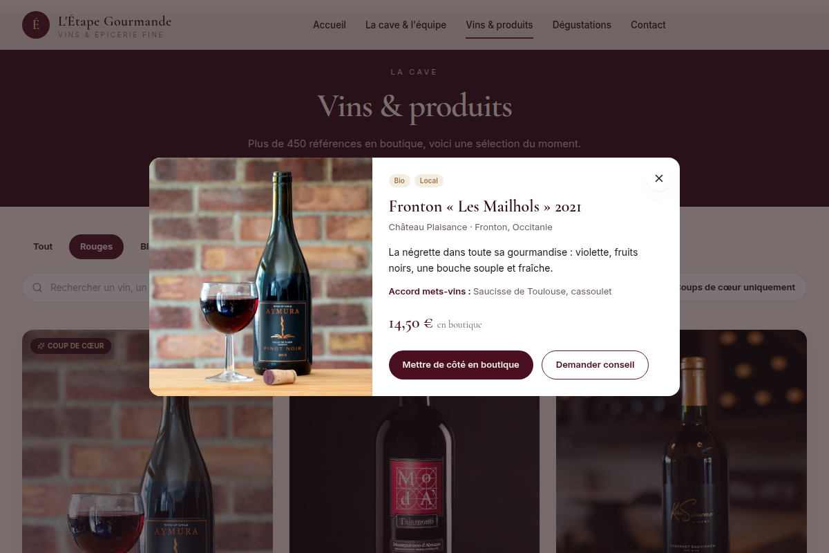 Fiche produit détaillée en modale