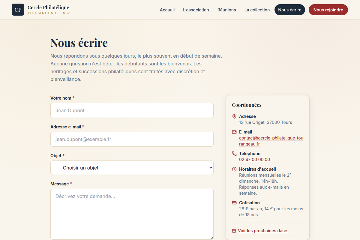 Formulaire de contact de l'association