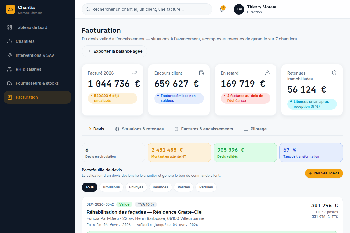 Facturation : devis, situations, retenues, encours