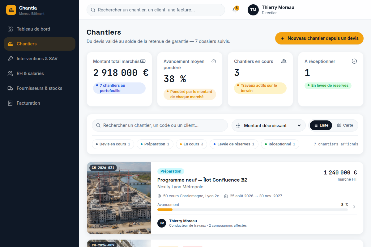 Chantiers : 7 dossiers, montants et avancement