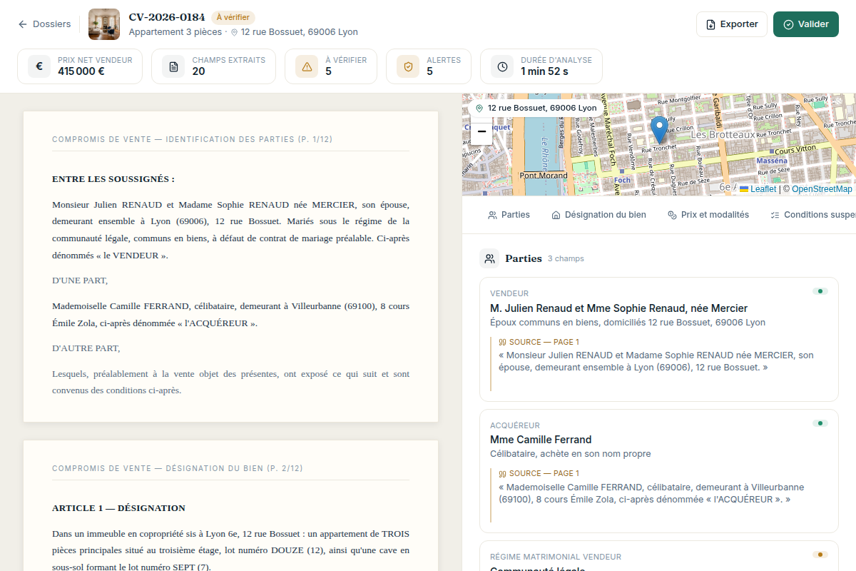 Vue scindée : document source et fiche de synthèse