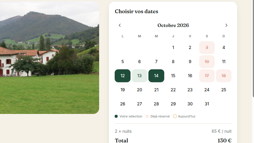 Calendrier avec disponibilités et prix en direct