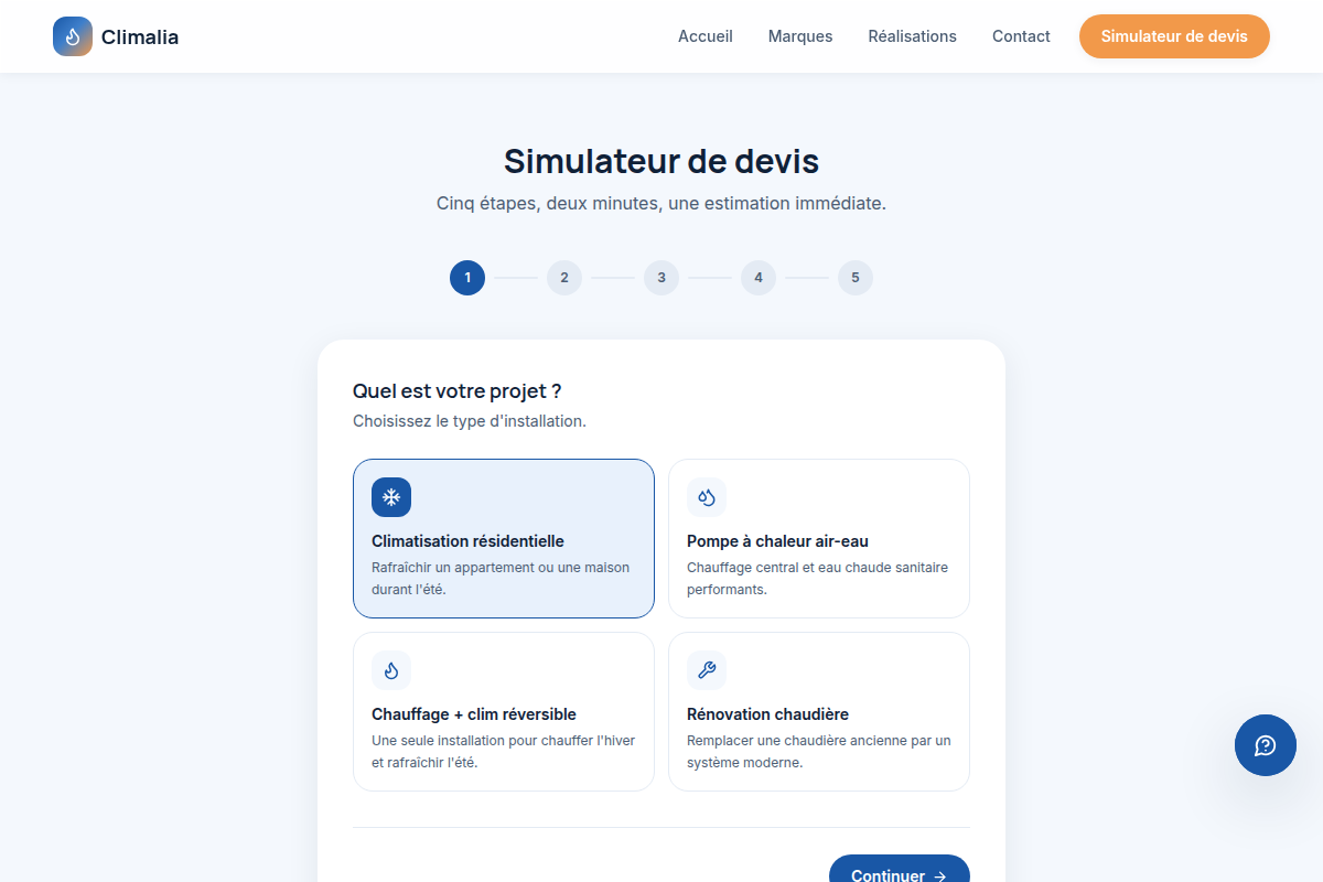 Simulateur, étape 1 : type de projet