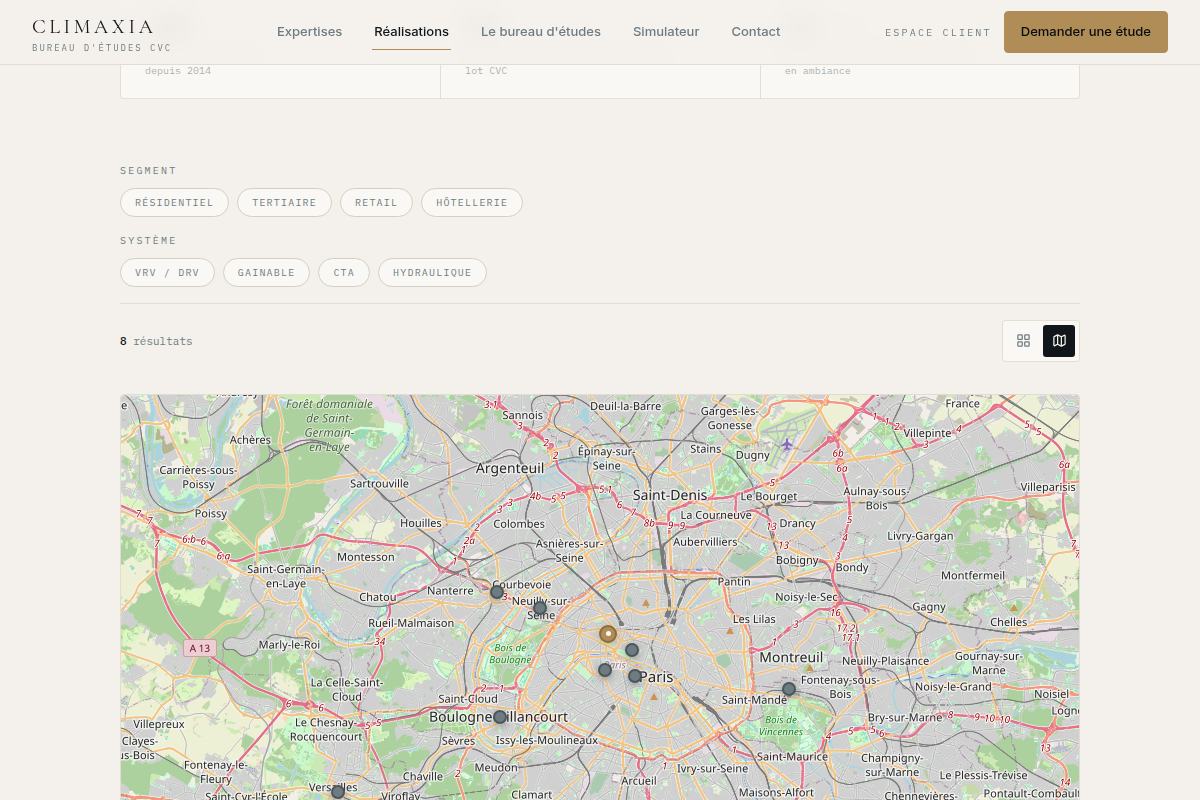 Vue carte : localisation des chantiers en Île-de-France