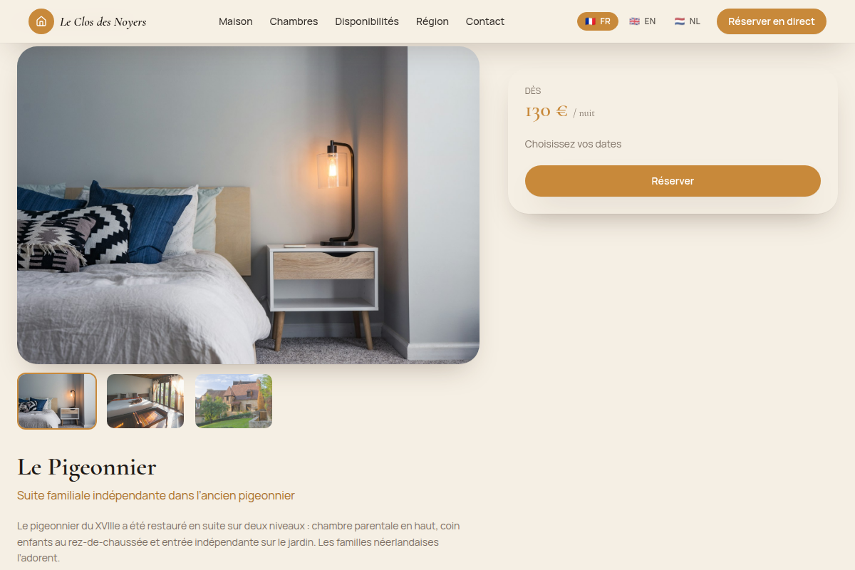 Fiche chambre : galerie et réservation directe