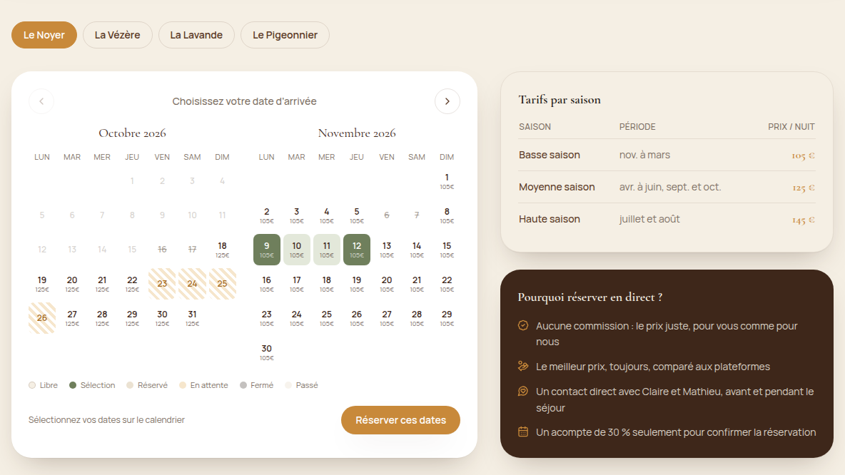 Disponibilités et tarifs en un clic