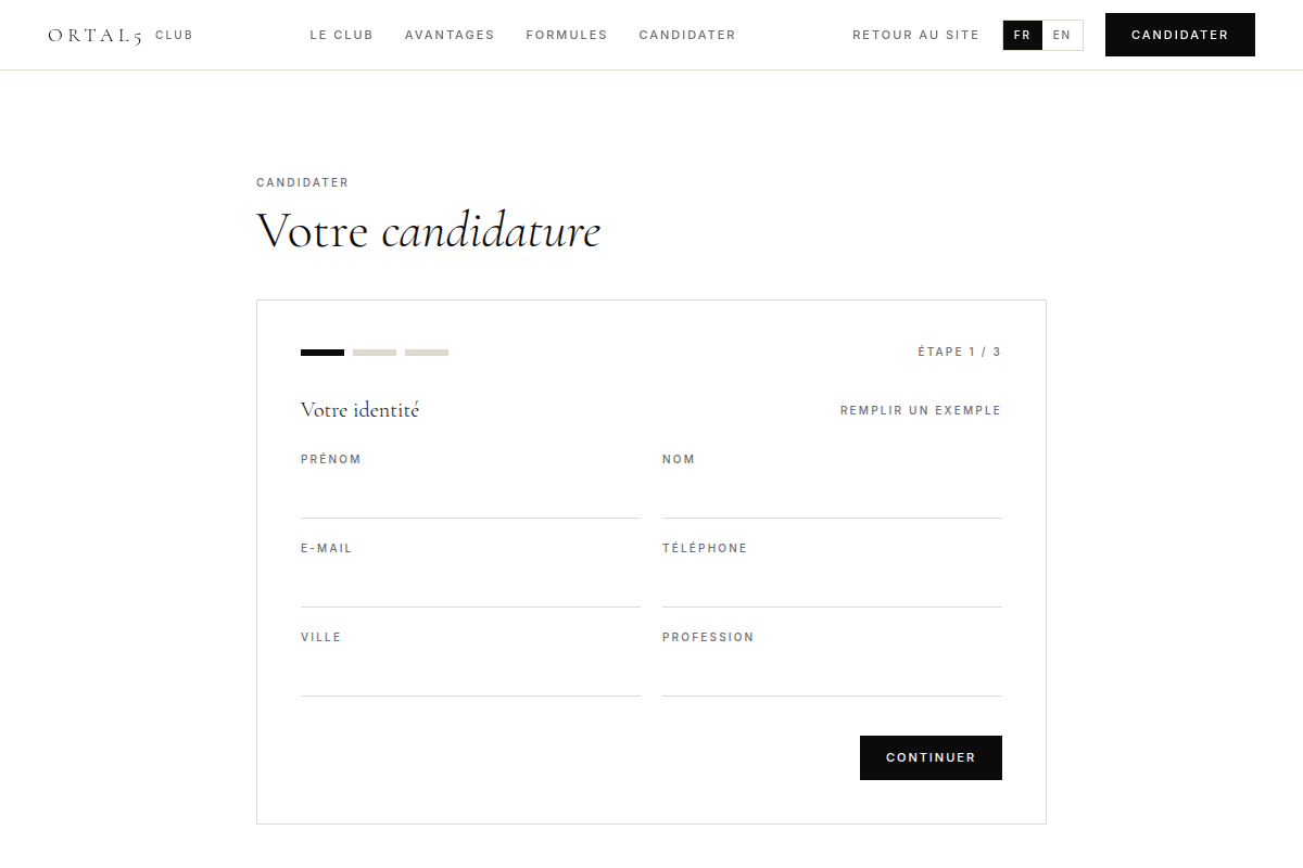 Candidature en 3 étapes, formulaire épuré