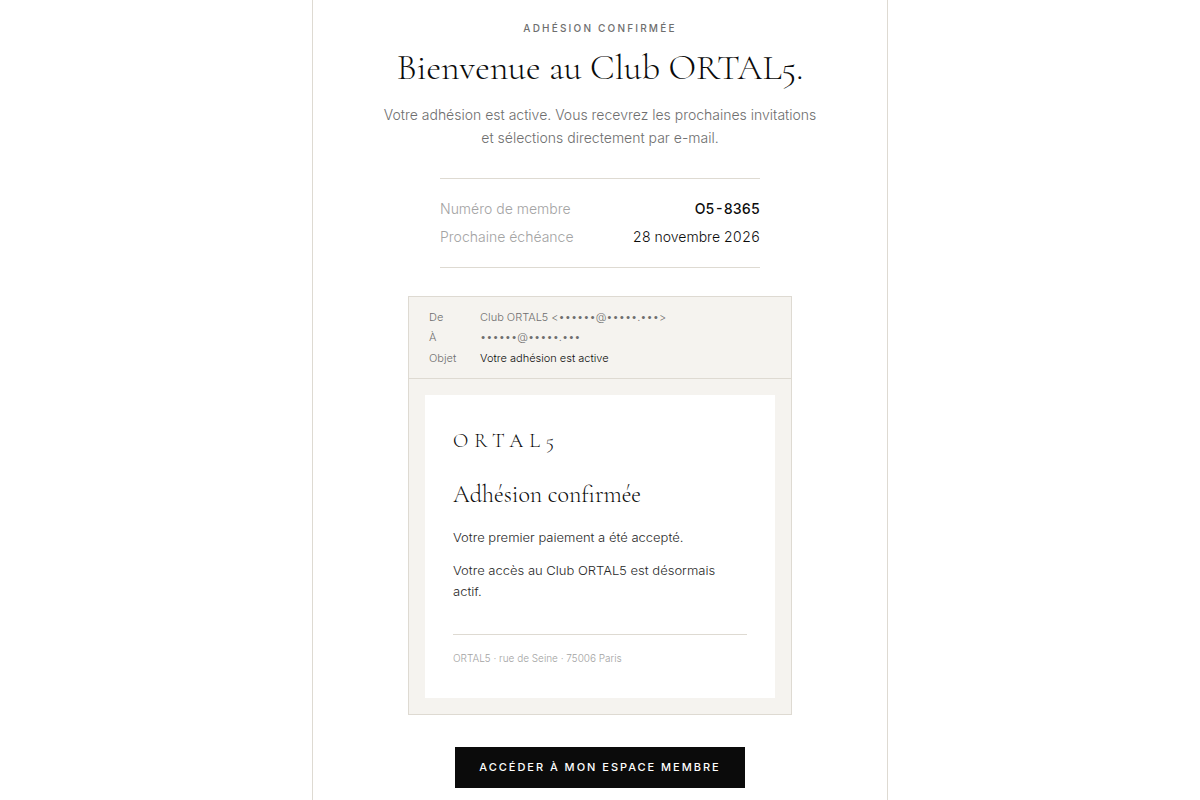 Adhésion confirmée et email de bienvenue