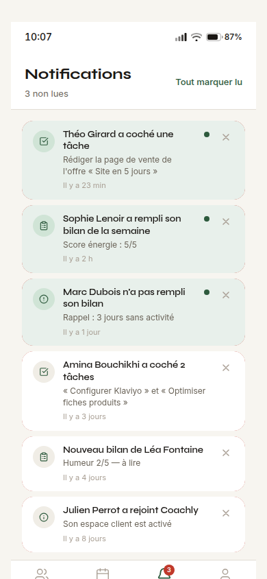 Notifications : tâches, bilans, inactivité