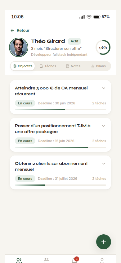 Fiche client : objectifs en cours et deadlines