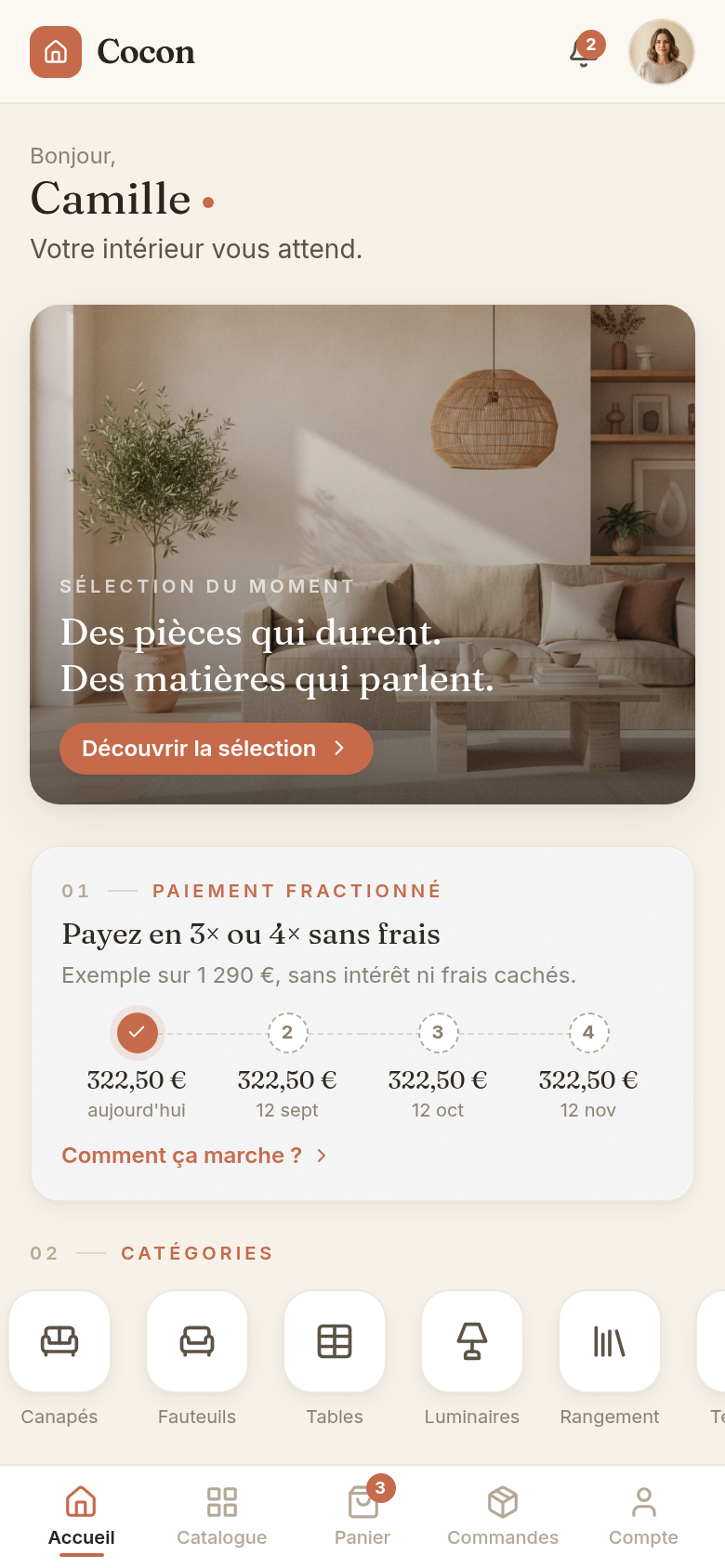 Accueil avec sélection et paiement fractionné