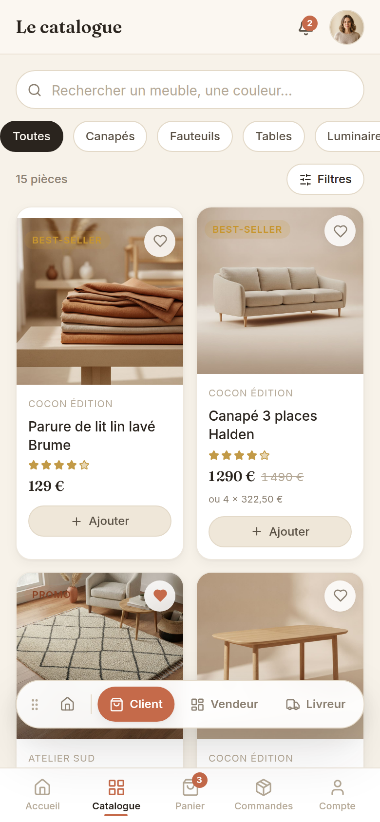 Catalogue filtrable avec prix et échéance 4x