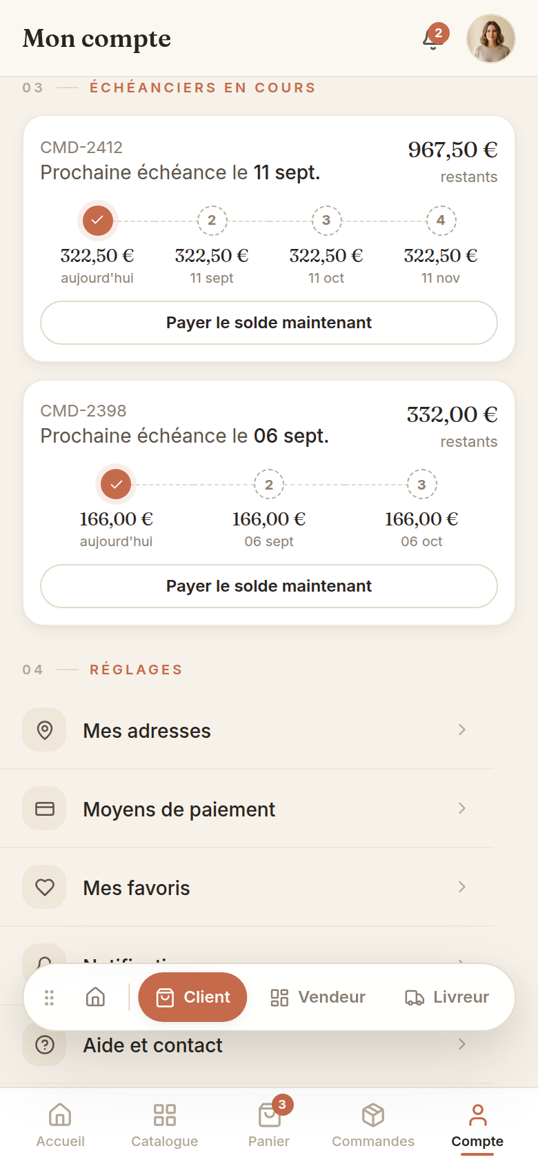 Compte : échéanciers en cours et réglages