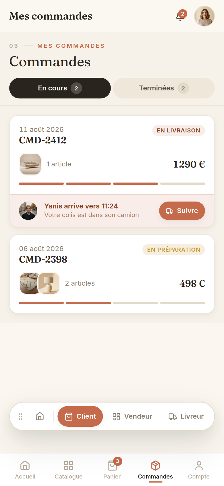 Suivi des commandes en cours et terminées