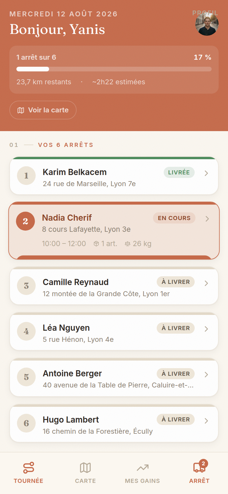 6 arrêts de la tournée du jour
