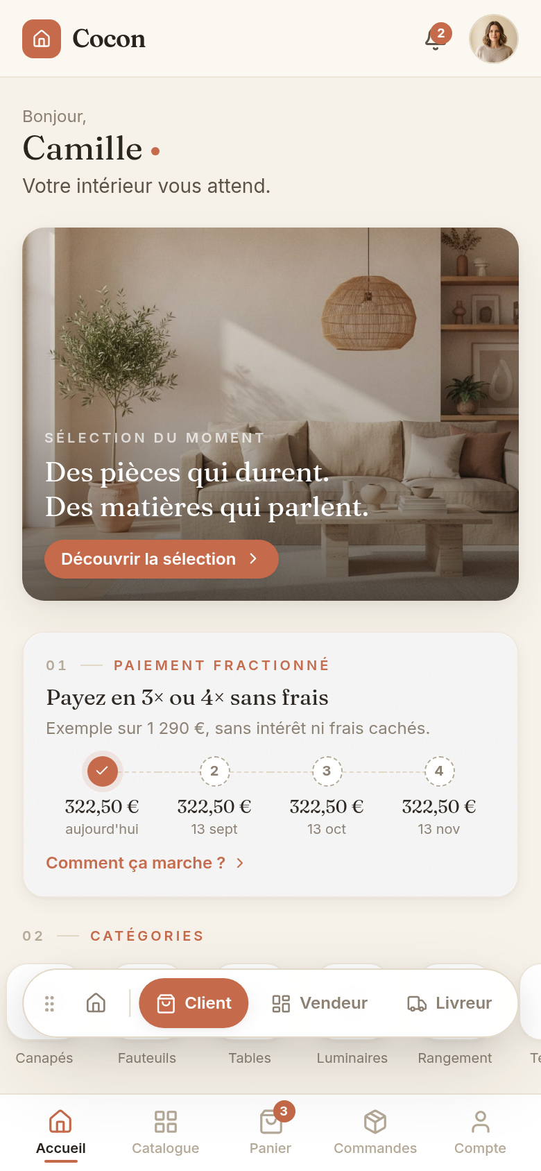 Accueil : sélection du moment et paiement fractionné