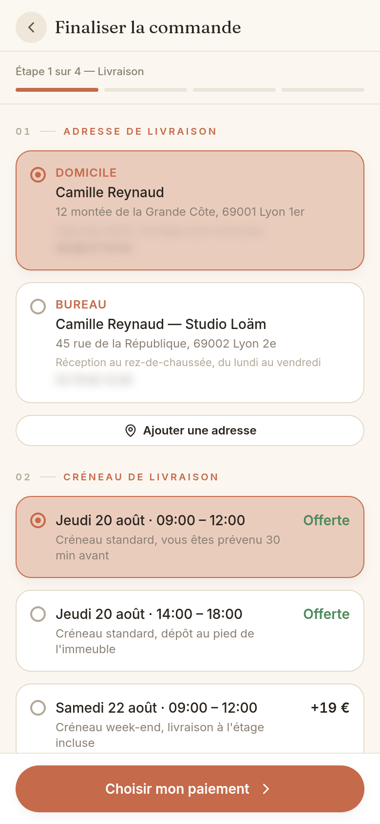Adresse et créneau de livraison