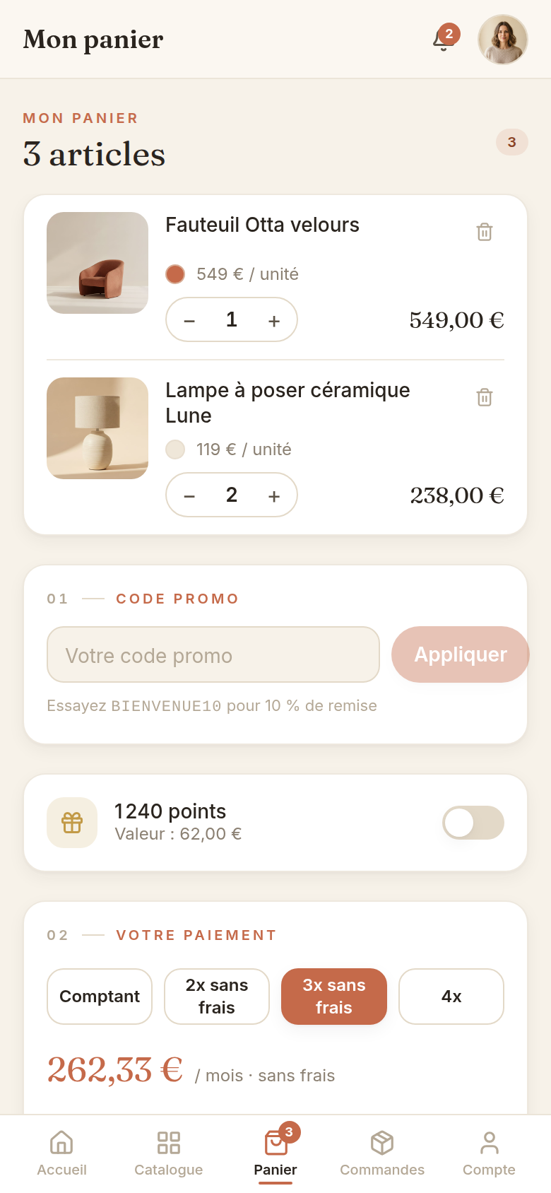 Panier, code promo et choix du plan