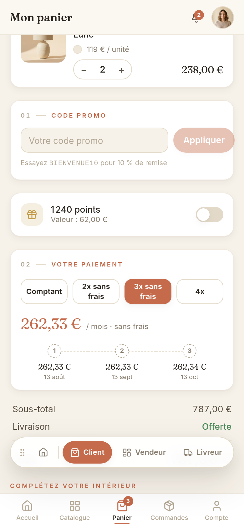 Panier : sélection du plan de paiement et échéancier
