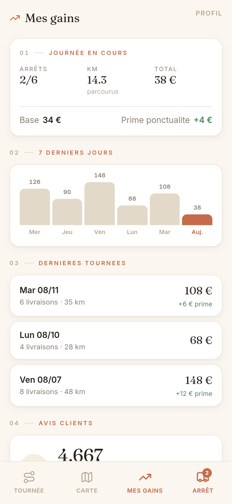 Suivi des gains et avis clients