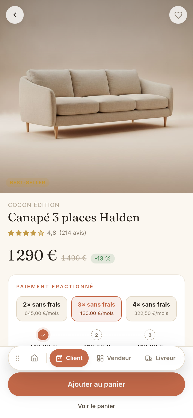 Fiche produit avec choix 2x, 3x ou 4x sans frais