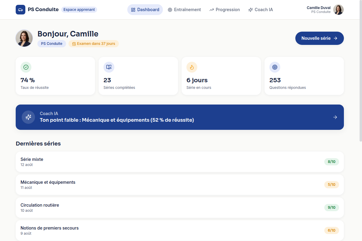 Dashboard apprenant : progression et coach IA