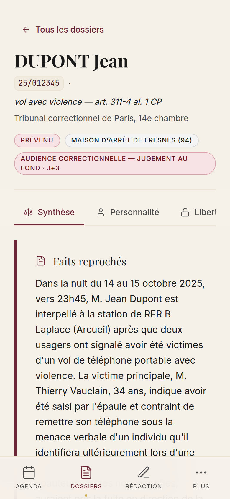 Synthèse charge / décharge du dossier