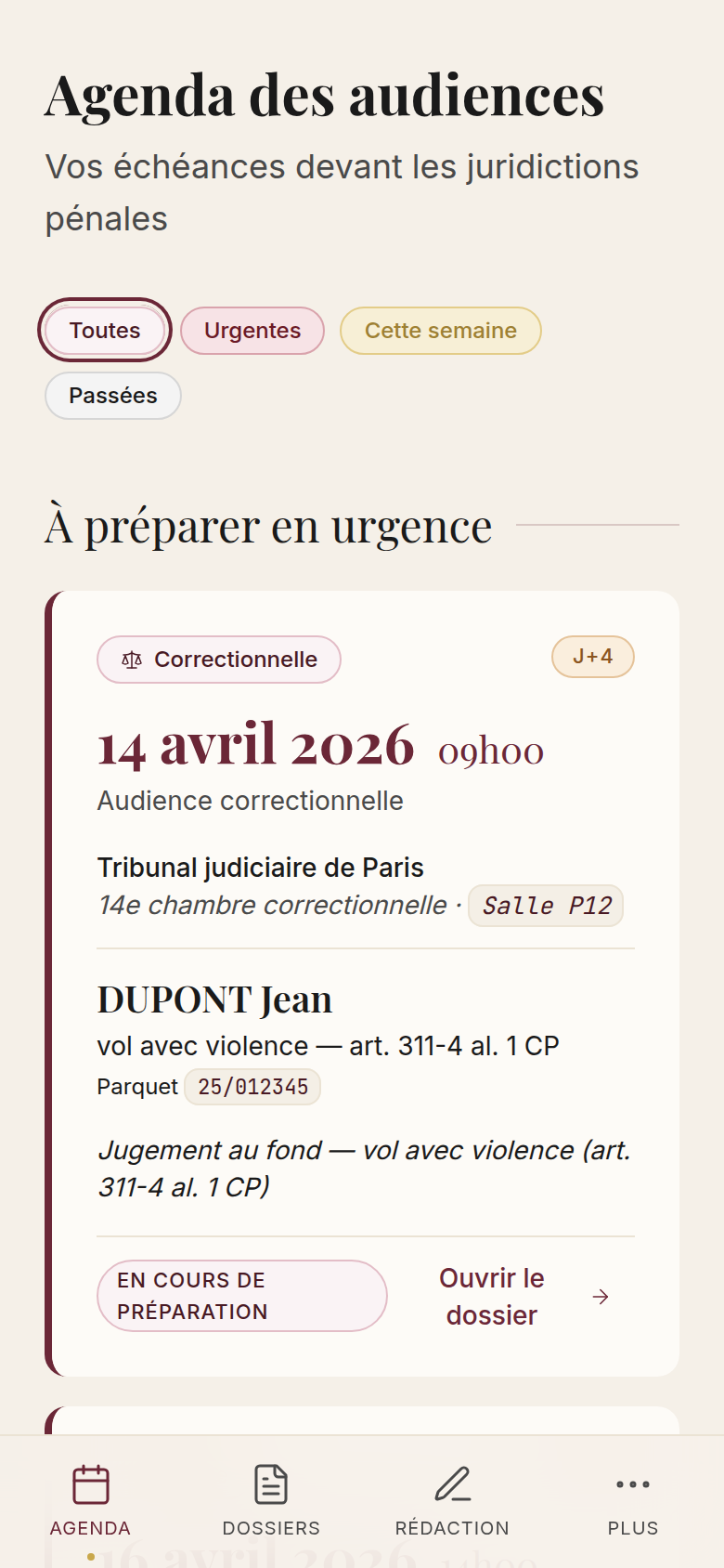 Agenda des audiences, filtré par urgence